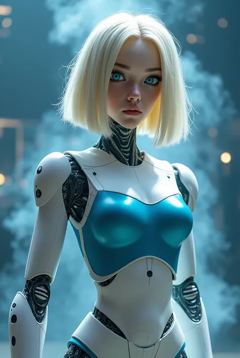 A beautiful robot woman, light skin, blonde hair, blue eyes, wearing metallic blue leotards, white belt, socks, smoke coming out of her body, eyes crossed, malfunctioning, shortcircuiting, circuit box open, sparking 