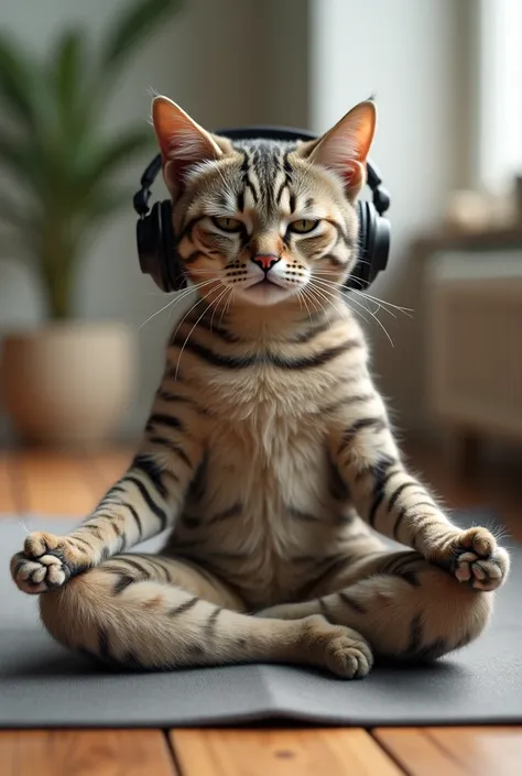 A realistic cat doing yoga, with an exhausted face and wearing headphones, maximum quality.
