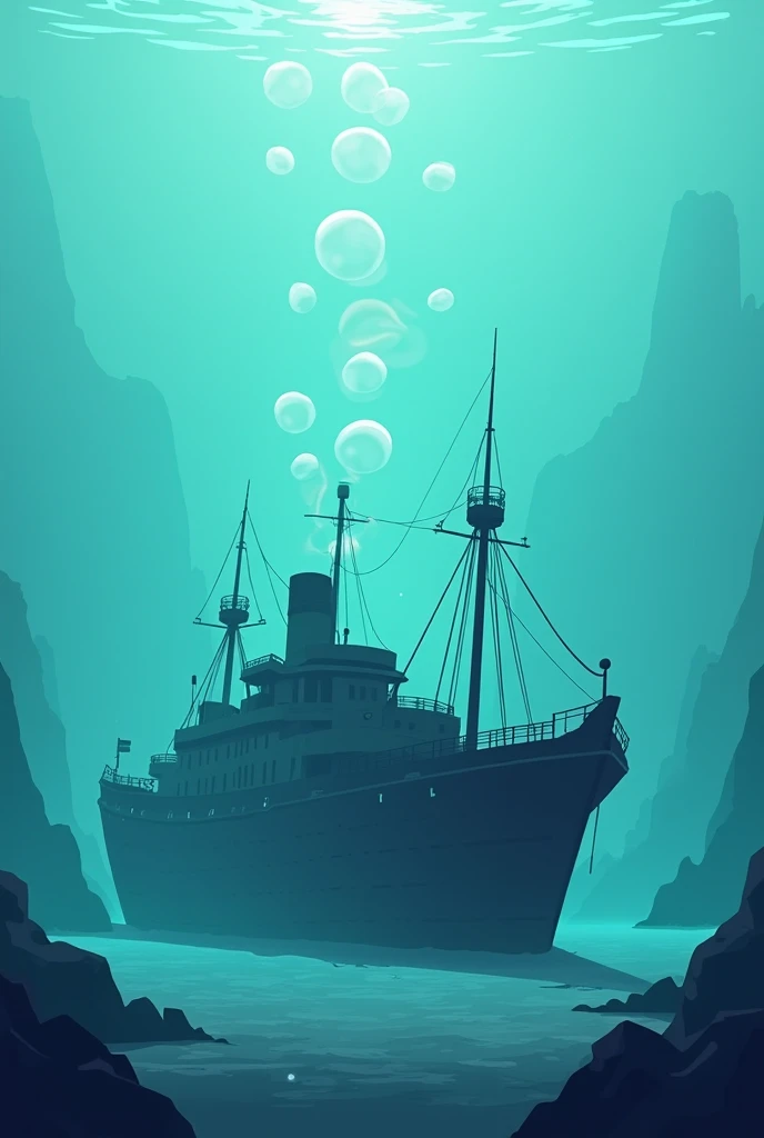 Modern flat design with soft cinematic haze. A dilapidated ship sunk underwater. Large circular bubbles spiral upward. Soft focus, hazy background, simple two-dimensional shapes.