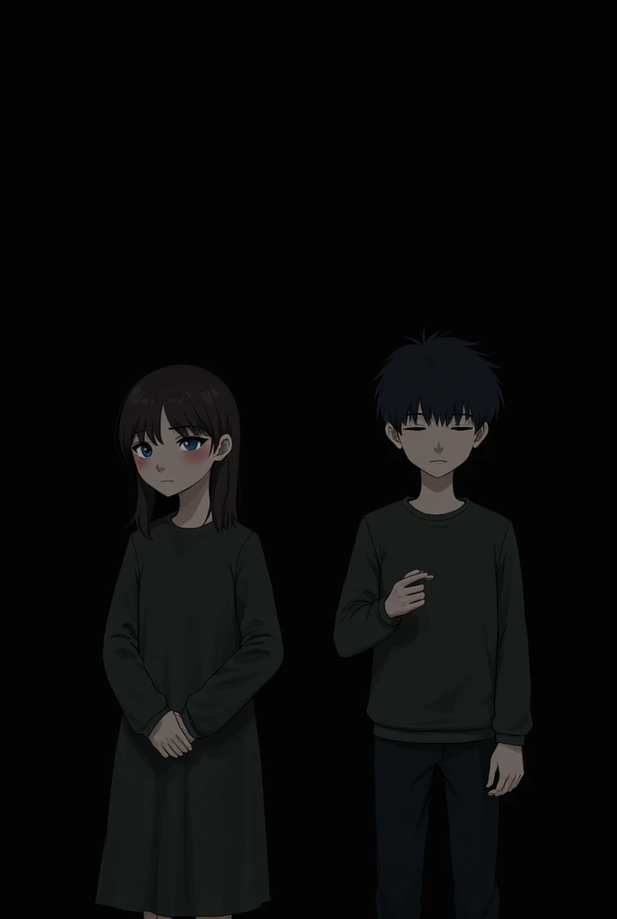 A blind Korean girl and a blind Korean boy do not look at each other. They are sad and close with a black background