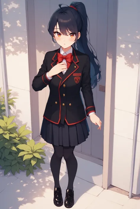 pretty school girl, long black hair with a ponytail, serious face, black blazer with red trim outlining with golden buttons, white dress shirt, red bowtie, black pleated skirt, black tights, black loafers
