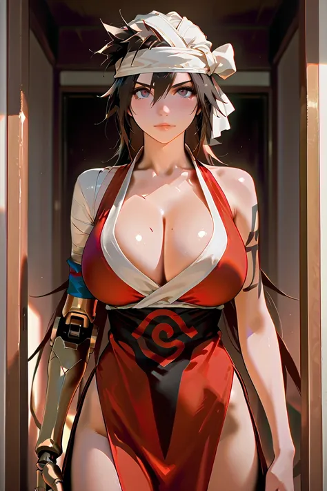 ( masterpiece,  Better quality:1.2),  alone, 1 ,  Shiba Kuukaku prosthesis, (prosthesis, prosthesis arm:1.1),  Big breasts,  pose sexy,  looking at the viewer ,  red dress, bandages,  perfectly highlight complex anatomical features.  SFX symbol complement ...