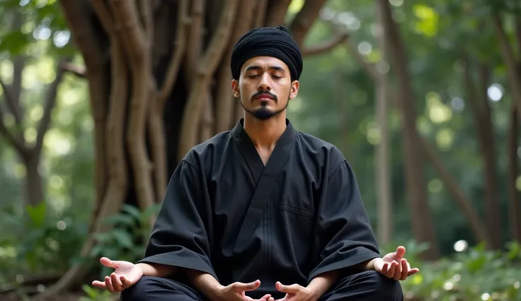 A handsome, wise, authoritative 30-year-old Indonesian man with a black mustache, short, thin, neat, black sideburns, wearing a black robe and a black turban on his head. is meditating cross-legged with his eyes closed, facing the camera, the background of...