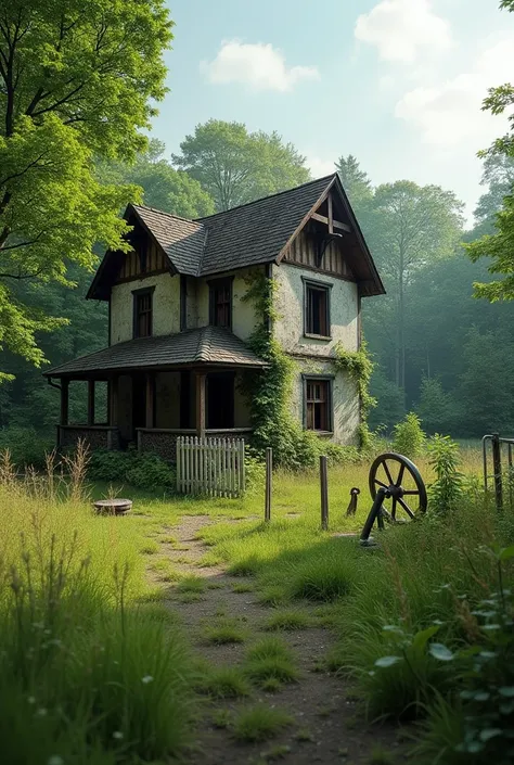  a park with a swing ,  a slide , A rise and fall, A wheel,  and that to the left of the park is an abandoned house with lots of grass surrounding the house, And that the house is surrounded by a metal fence 