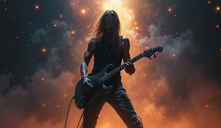  a lonely male rocker with long hair ,  stands confidently 、 playing an electric guitar. He's wearing boots 、 Is intense ,  Is intense 表情,  embodies true rockStar energy.  as she performs ,   background filled with  , Star, Star雲,  embodies a mystical aura...