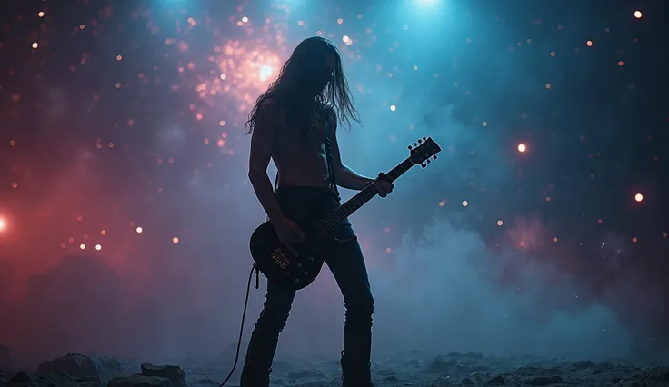  a lonely male rocker with long hair ,  stands confidently 、 playing an electric guitar. He's wearing boots 、 Is intense ,  Is intense 表情,  embodies true rockStar energy.  as she performs ,   background filled with  , Star, Star雲,  embodies a mystical aura...