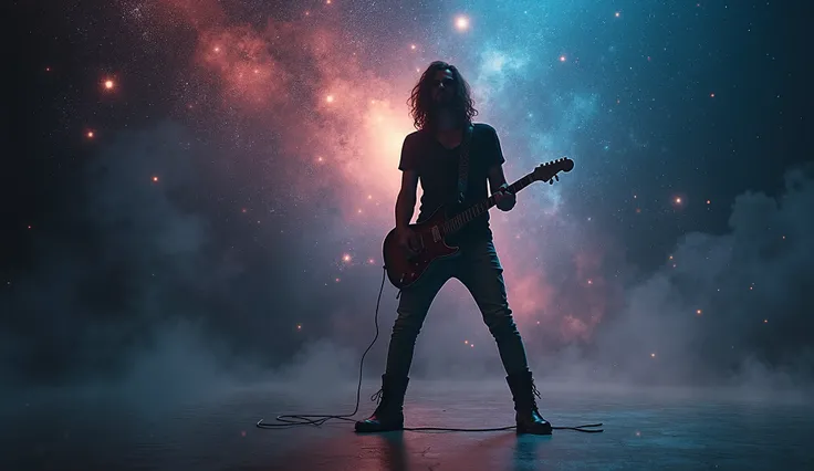  a lonely male rocker with long hair ,  stands confidently 、 playing an electric guitar. He's wearing boots 、 Is intense ,  Is intense 表情,  embodies true rockStar energy.  as she performs ,   background filled with  , Star, Star雲,  embodies a mystical aura...