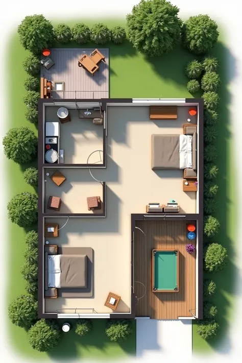 I want the plan of a house with 2 bedrooms and 1 bathroom in the middle of them living room and combined kitchen and outside a barbecue and laundry table, pool table and a part with grass. 