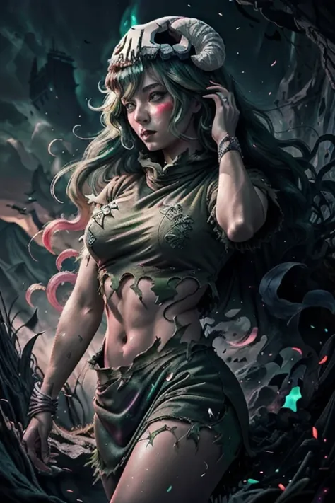 Intricate details, Odel Schwanck's masterpiece:1.2, green hair, skull, torn clothes, underboob, skirt, fantasy00d, vibrant colors, ethereal lighting