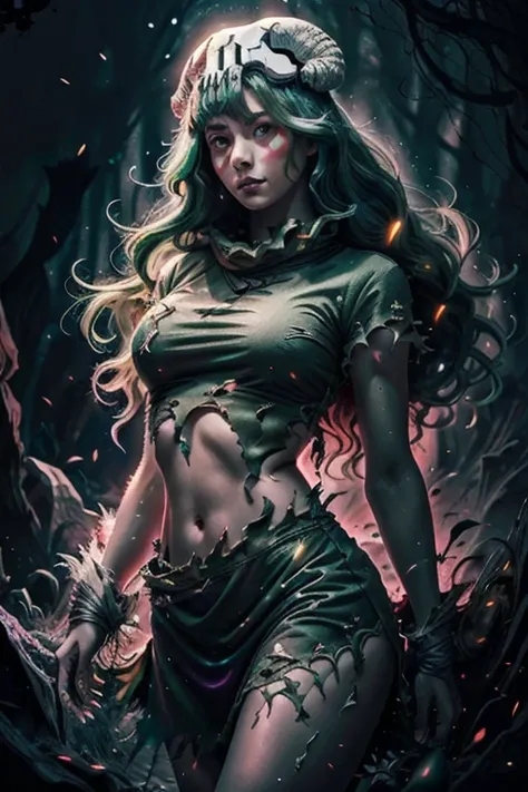 Intricate details, Odel Schwanck's masterpiece:1.2, green hair, skull, torn clothes, underboob, skirt, fantasy00d, vibrant colors, ethereal lighting