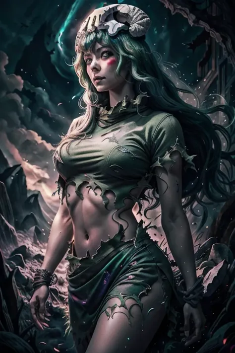 Intricate details, Odel Schwanck's masterpiece:1.2, green hair, skull, torn clothes, underboob, skirt, fantasy00d, vibrant colors, ethereal lighting