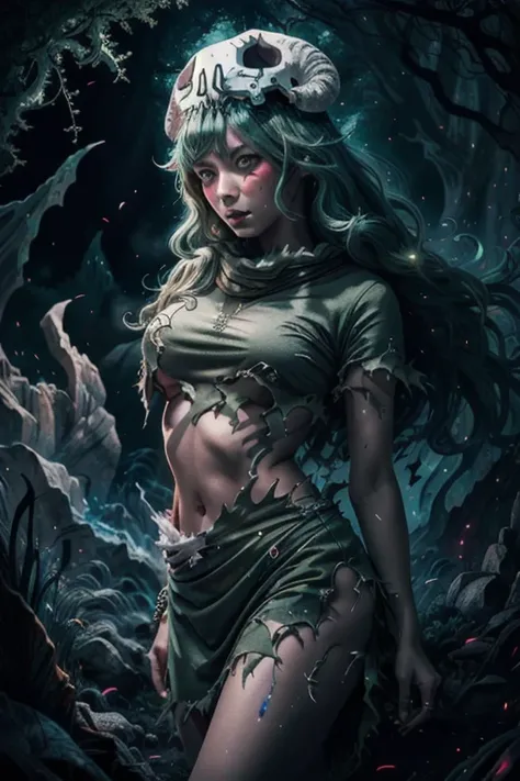 Intricate details, Odel Schwanck's masterpiece:1.2, green hair, skull, torn clothes, underboob, skirt, fantasy00d, vibrant colors, ethereal lighting