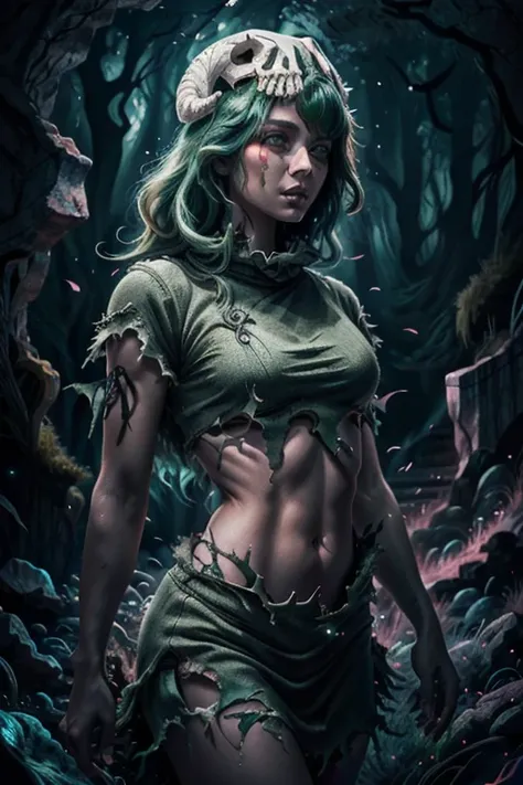 Intricate details, Odel Schwanck's masterpiece:1.2, green hair, skull, torn clothes, underboob, skirt, fantasy00d, vibrant colors, ethereal lighting