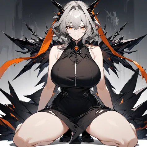 Talulah(Arknights),grey hair,curvy body,wears black dress,big breast, medium thighs,faint smile.half body view,view from front,closer view,solo focus, kneeling down,