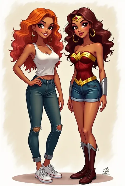  Create an adoodle art drawing of a woman, caramel-tone skin color curly red hair, brown eyes  claros,Wearing casual clothes inspired by She Hulk. Next to her is a caramel-colored woman with curly blonde hair with a lock of pink hair,  brown eyes ,wearing ...