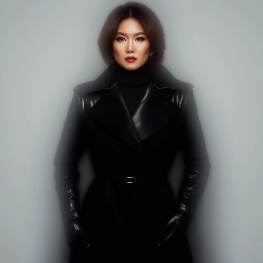 128K, Amateur 20s Korean fashion  portrait photo of a bodybuilder woman wearing a 128K ultra-realistic tight black leather double trench super long coat ,ultra realistic luxury classic black leather long gloves full body: 5.0, 128K ultra-realistic black le...