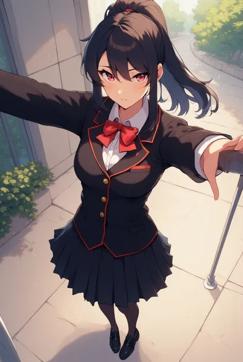 Pretty school girl, long black hair with a ponytail, tsundere, serious face, black blazer with red trim outlining with golden buttons, white dress shirt, red bowtie, black pleated skirt, black tights, black loafers
