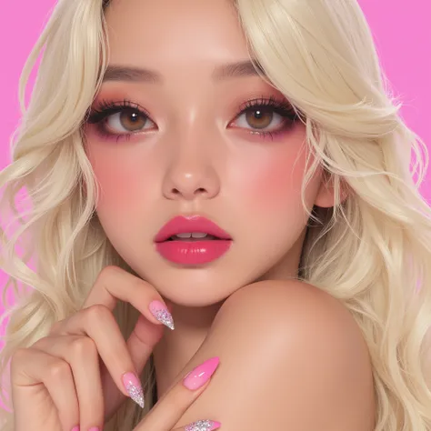 Japanese, long, bleached blonde hair styled in voluminous curls. large, brown eyes enhanced with false lashes and pink eyeshadow, a small upturned nose, and full lips always coated in glossy pink lipstick. Her skin is fair with a light tan. She stands at 1...