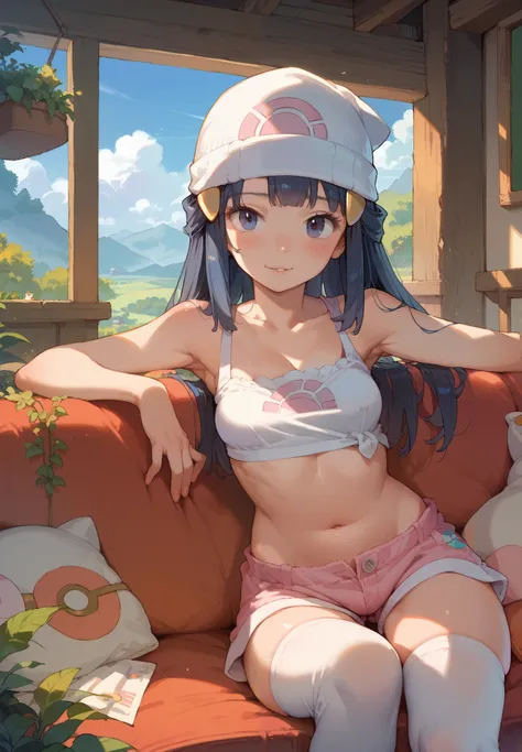 1girl, Dawn, Pokemon trainer, sitting on a couch, crop top, silk shorts, thigh highs, naturally sagging small breasts, sexy pose, lustful, BREAK, night time, mountain cottage, cinematic lighting,