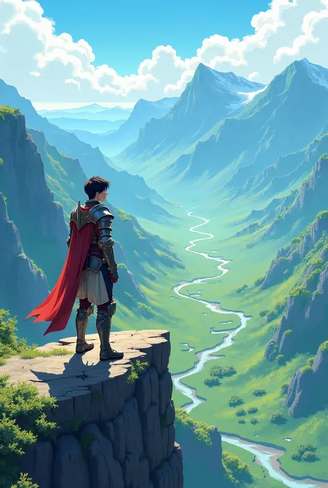 prince looking over his fiefdom from mountain. light armor,black hair 21 year old man,  illustration anime