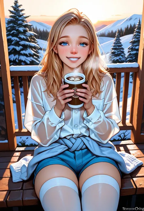 ( masterpiece,  highest quality ), 1 girl , pechos pequeños, Loose shirt, transparent shirt, panties over the waist , tall white stockings, shorts, open pants, sitting on the terrace ,  Tomorrow, snow melting in the sun,sipping hot coffee ,Steam coming out...