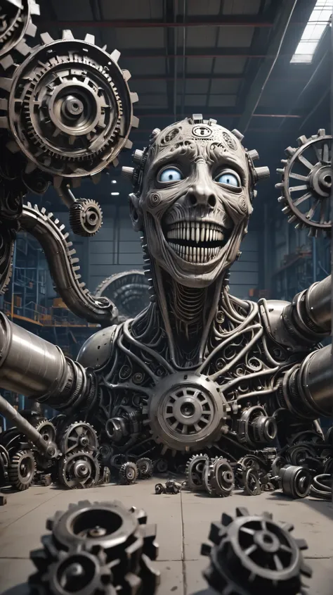 In Peter Gric's and HR Giger's style, in infinite spatial depths, industrial, a group of creatures with gears in their heads, who look like Mark Zuckerberg in the face, working on metals and gears, warehouse, hall, pastel colors, surreal horror atmosphere,...