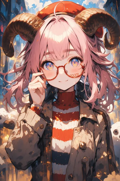 (masterpiece, top quality, highly detailed, absurd, very aesthetic), front view, cowboy shot, (highly detailed background, lighting, overlay), (holding the temples of her glasses with her fingers, smiling softly), (1girl, sheep girl, super detailed skin, d...