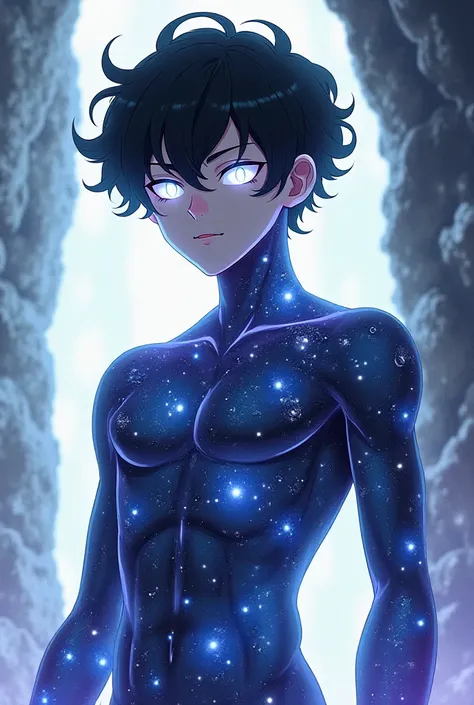 guy man ,  black wavy hair,  white eyes with pupil , the skin within the galaxy is like the head   ,  full height, anime art 