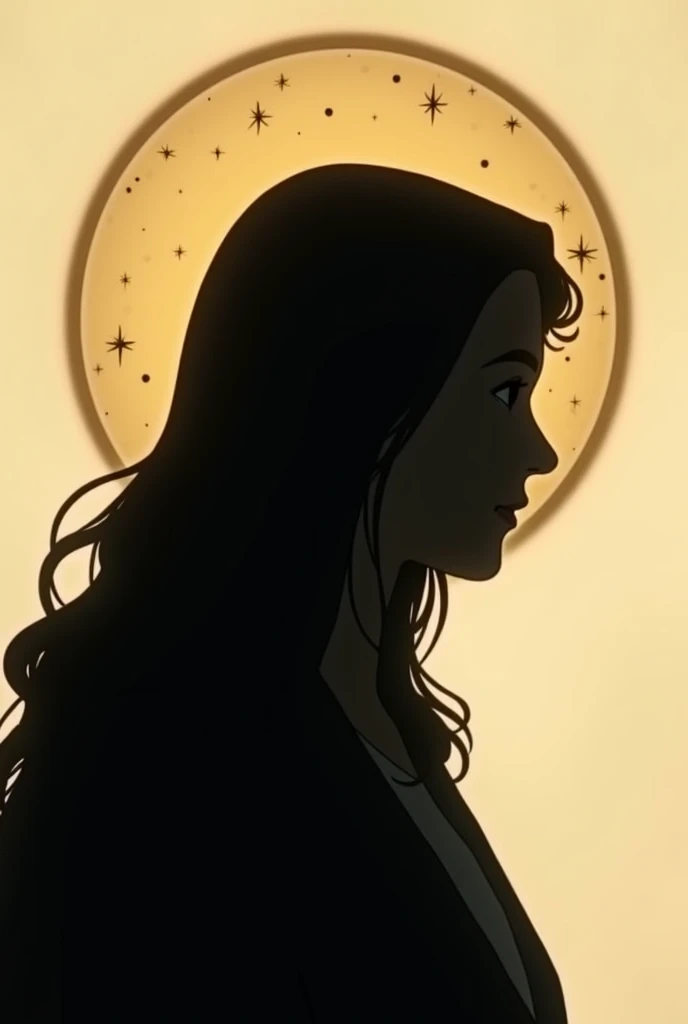 Make the BLACK SILHOUETTE of Mary Help of Christians in profile looking to the right and with simple stars ( not exaggerated )  around her upper circular aura with her hair flying , Animated that is not realistic , Don't mark their features so much 