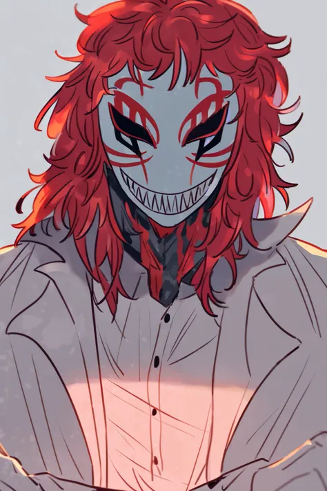 bright red hair,  messy hair that goes down to the shoulders, The mask looks wild , man