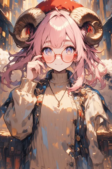 (masterpiece, top quality, highly detailed, absurd, very aesthetic), front view, cowboy shot, (highly detailed background, lighting, overlay), (holding the temples of her glasses with her fingers, smiling softly), (1girl, sheep girl, super detailed skin, d...