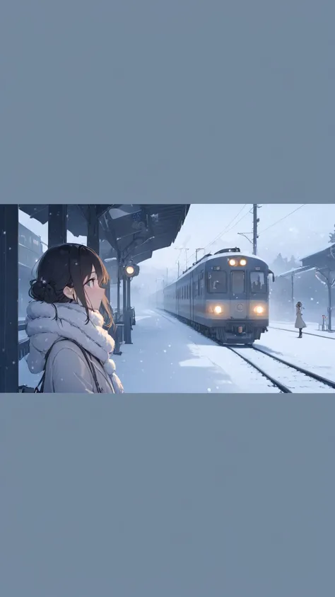 araffe standing on a platform in the snow with a train coming,    girl waiting for a train , [cold snowy, snow,   beautiful girl , [cold snow outside, in the snow, [cold, [cold but beautiful, [cold weather, [cold winter,  background ,  pale as early winter...