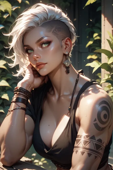 woman, ash gray skin, short white hair with shaved sides, simple black tribal tattoos, muscular