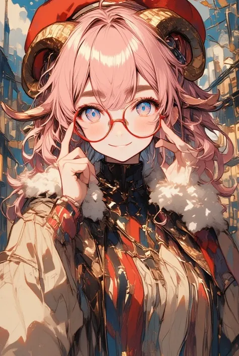 (masterpiece, top quality, highly detailed, absurd, very aesthetic), front view, cowboy shot, (highly detailed background, lighting, overlay), (holding the temples of her glasses with her fingers, smiling softly), (1girl, sheep girl, super detailed skin, d...