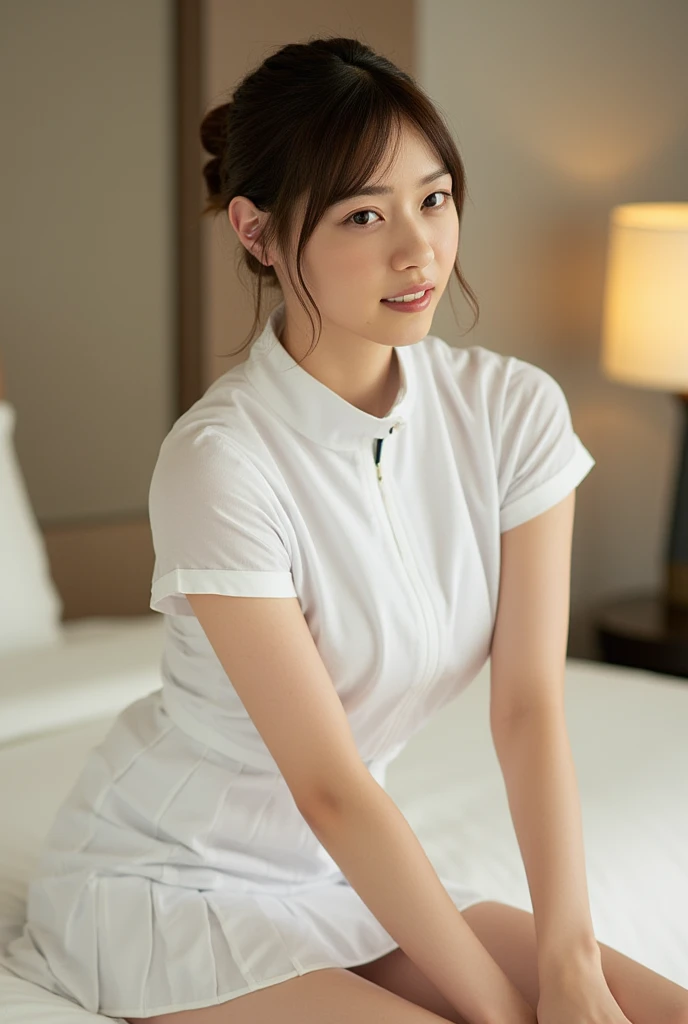 (Masterpiece, Best quality: 1.3), (Ultra realistic, Photo-realistic: 1.2), (nsfw: 1.4), (spread legs:1.3), Natural light, 28 years old actors, Japanese woman, Neat and clean, ((Wearing white tennis uniform, White short-sleeve polo shirt with collar: 1.3)),...