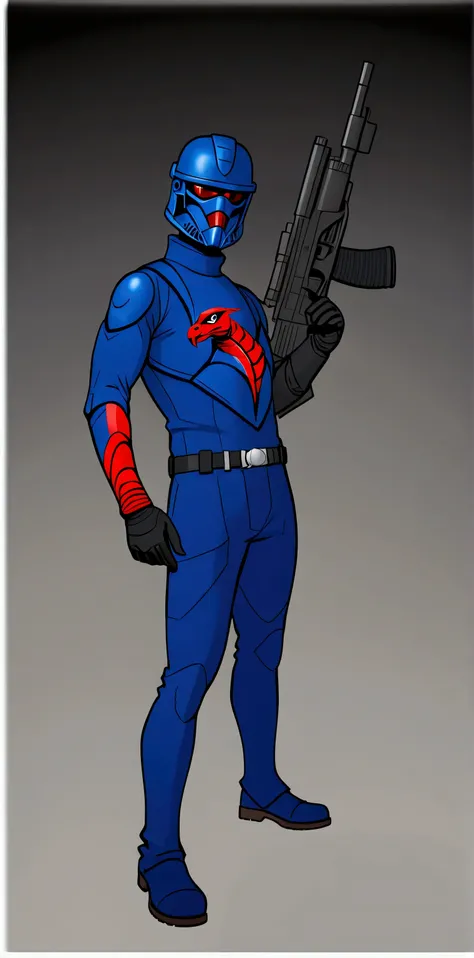 Full body image of Gi joe cobra trooper wearing darth vader mask and dark blue woollen turtleneck with red snake insignia on the arm, black tactical gloves, black armoured vest with magazine clips and harnest with red snake insignia on it, dark blue tactic...