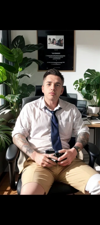 He is making an explanatory video For the internet The camera focuses on him from the front, He is a YouTuber, He gestures to the best understander of his words, He talks looking at the viewer of his live. Setting He is in his office room, Urban jungle sty...