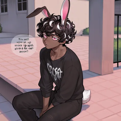 Brown skin, rabbit ears, rabbit tail, male, masculine, grunge, outside, patio, pink eyes, thick white lashes, sitting, black curly hair, white streaks, talking, solo, lean,