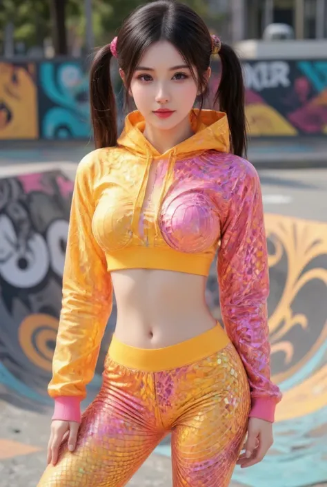 made out of fractangles, fractangles, A vibrant Korean woman in her early 20s, wearing a cropped hoodie and joggers made of colorful polygonal fractal patterns in bright yellow, orange, and pink. The polygons are bold and playful, creating a sporty yet art...