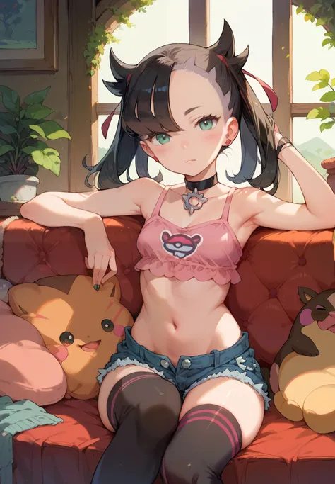 1girl, Marnie, Pokemon trainer, sitting on a couch, crop top, silk shorts, thigh highs, naturally sagging small breasts, sexy pose, lustful, BREAK, night time, mountain cottage, cinematic lighting,