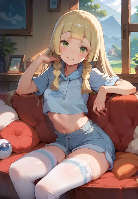 1girl, Lillie, Pokemon trainer, sitting on a couch, crop top, silk shorts, thigh highs, naturally sagging small breasts, sexy pose, lustful, BREAK, night time, mountain cottage, cinematic lighting,