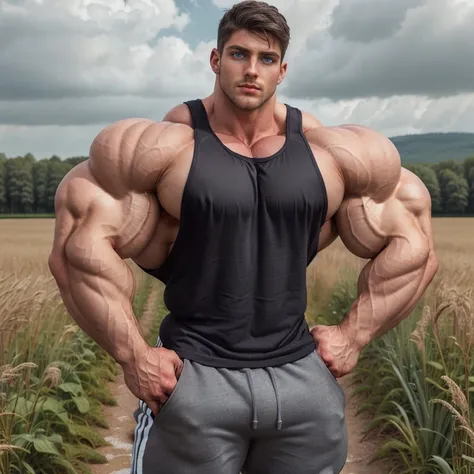 a very handsome man, very big eyes, a little big muscular, defined chest, defined muscles, wearing a black tank top with gray pants, Adidas, standing sideways in a field with arms crossed, seen close up