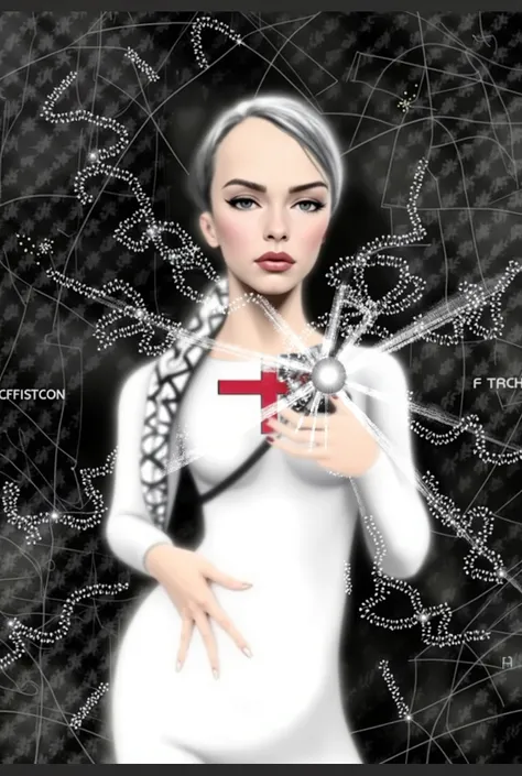 A woman in white a knights Templar female, white hair wearing all white skin tight with the emblem of the Red Cross of Honor, on the chest of her shirt, holding a diamond in her left hand