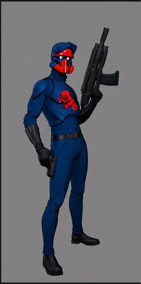 Full body image of Gi joe cobra trooper wearing darth vader mask and dark blue woollen turtleneck with red snake insignia on the arm, black tactical gloves, black armoured vest with magazine clips and harnest with red snake insignia on it, dark blue tactic...