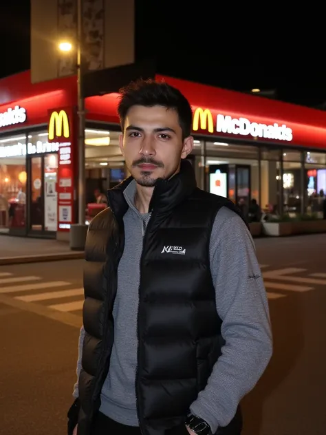 a young handsome turkish guy with muscle,  dark short hair and goatee beard he wearing a grey joggingsuit and a black puffer vest location is germany and its night random picture amateur photo amateur he is in mc donalds