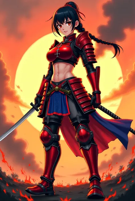 A full-body 2D anime-style illustration of a fierce female samurai warrior standing confidently in a dramatic battlefield at sunset. She wears intricately designed red and black samurai armor with segmented shoulder guards, arm bracers, and a decorative ch...