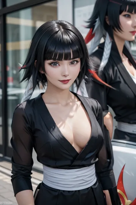 sfw, a close up of a person with short hair and a black kimono, soifon, soifon from anime bleach, as an anime character, perfect anime face, she has black hair with bangs, female anime character, anime character, anime best girl, hime cut hairstyle, black ...