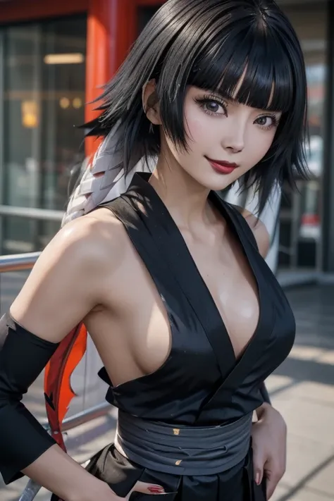 sfw, a close up of a person with short hair and a black kimono, soifon, soifon from anime bleach, as an anime character, perfect anime face, she has black hair with bangs, female anime character, anime character, anime best girl, hime cut hairstyle, black ...