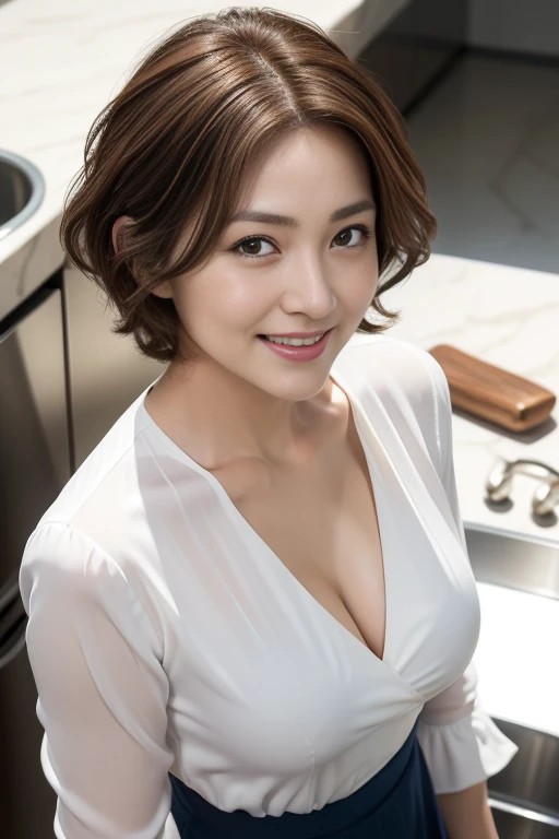 (50 years old)Mature woman、(( front view:1.4))、(from above, upper body, (looking up:1.4))、((Brown Haired Woman with Coarse Curled Hair ))、( close-up photo focusing on her face:1.4、 Face Up )、 shortcut hair invisible in steamの茶髪の女性, (Kao no Wrinkle :1.3)、(f...