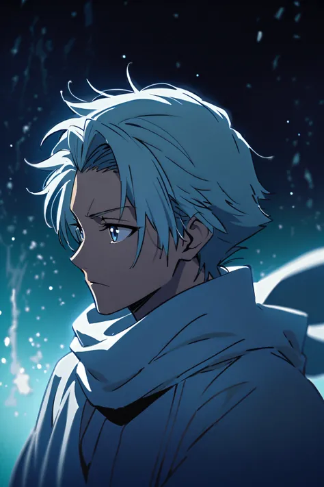 Portrait from afar , Toshiro _ Hitsugaya  ( anime character from the anime Bleach),  handsome man , elegance, Confident,  dramatic composition ,  ashy short hair ,  Calm facial expression,  flowing scarf ,  black and white outfit , night sky,  frosty atmos...